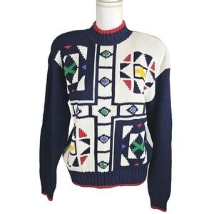 Vintage Lizwear ~Woman Size M~ Blue/White Embroidered Sweater Colorful NWT.